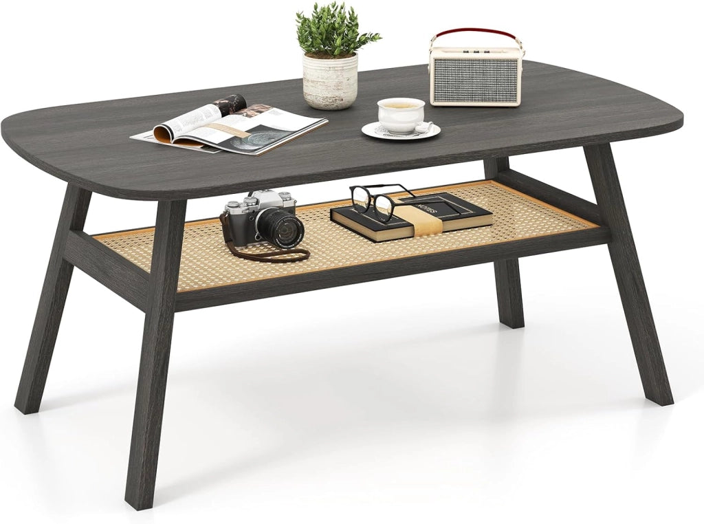 Tavolino da Salotto, Tavolo da Caffè a 2 Livelli in Rattan e Gambe in Legno di Gomma, Tavolo Rettangolare per Soggiorno, Ufficio e Salone, Portata 9,5 kg, 100 x 55 x 44,5 cm
