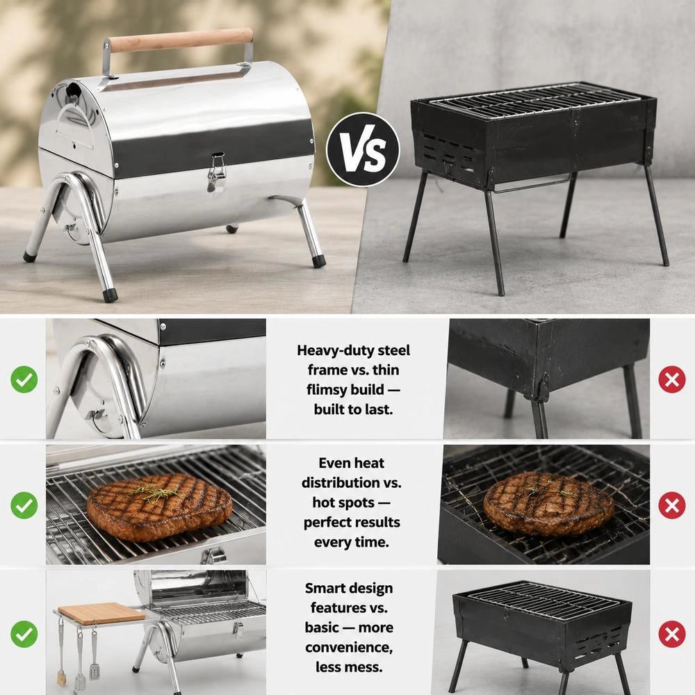Portable Tabletop Charcoal Grill, Stainless Steel, Double Grate