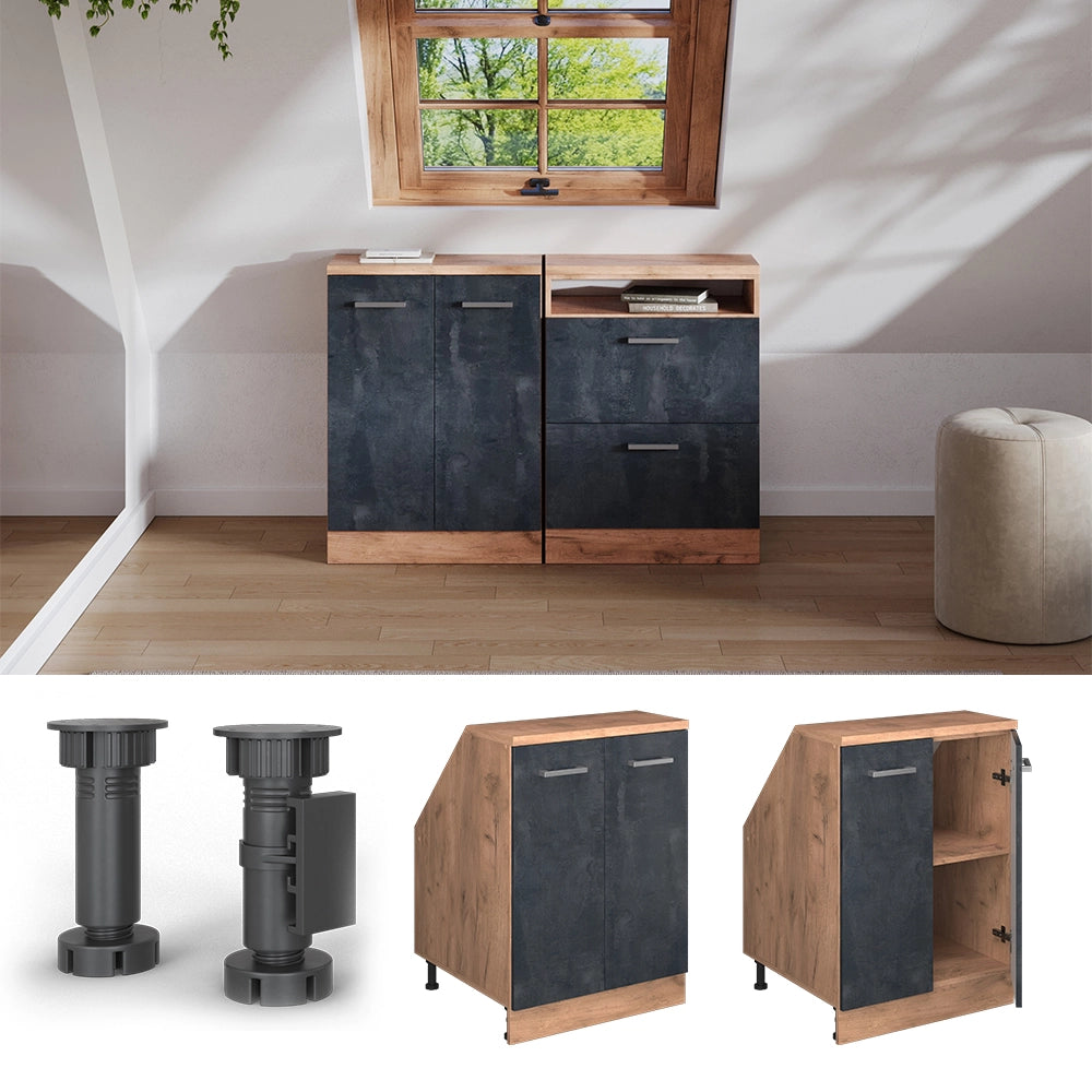 Mobile sottotetto Rion Calce nera/Rovere dorato 60 x 83.8 cm con 2 porte, carcassa 60 cm profondità Vicco