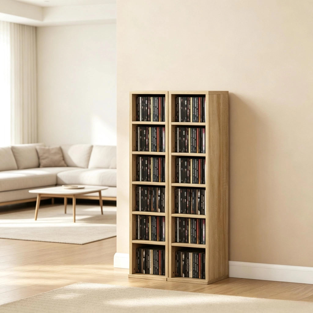 Set di 2 librerie porta CD impilabili, 12 scomparti, finitura quercia, 21 x 22,5 x 88,5 cm