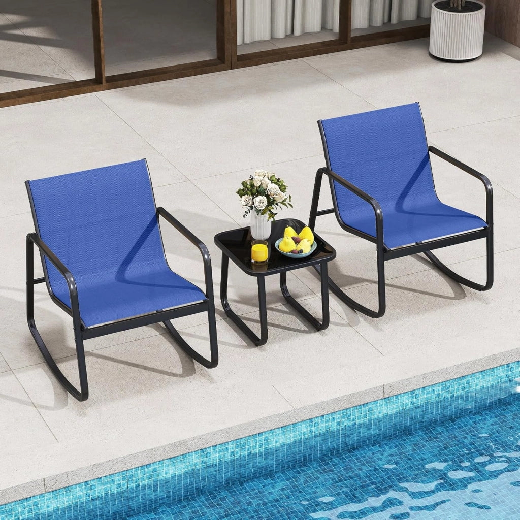 Set Bistrò 3 Pezzi, Sedie a Dondolo Ergonomiche in Textilene, Tavolino in Vetro Temperato, Struttura in Metallo, per Balcone, Giardino e Terrazzo (Blu)