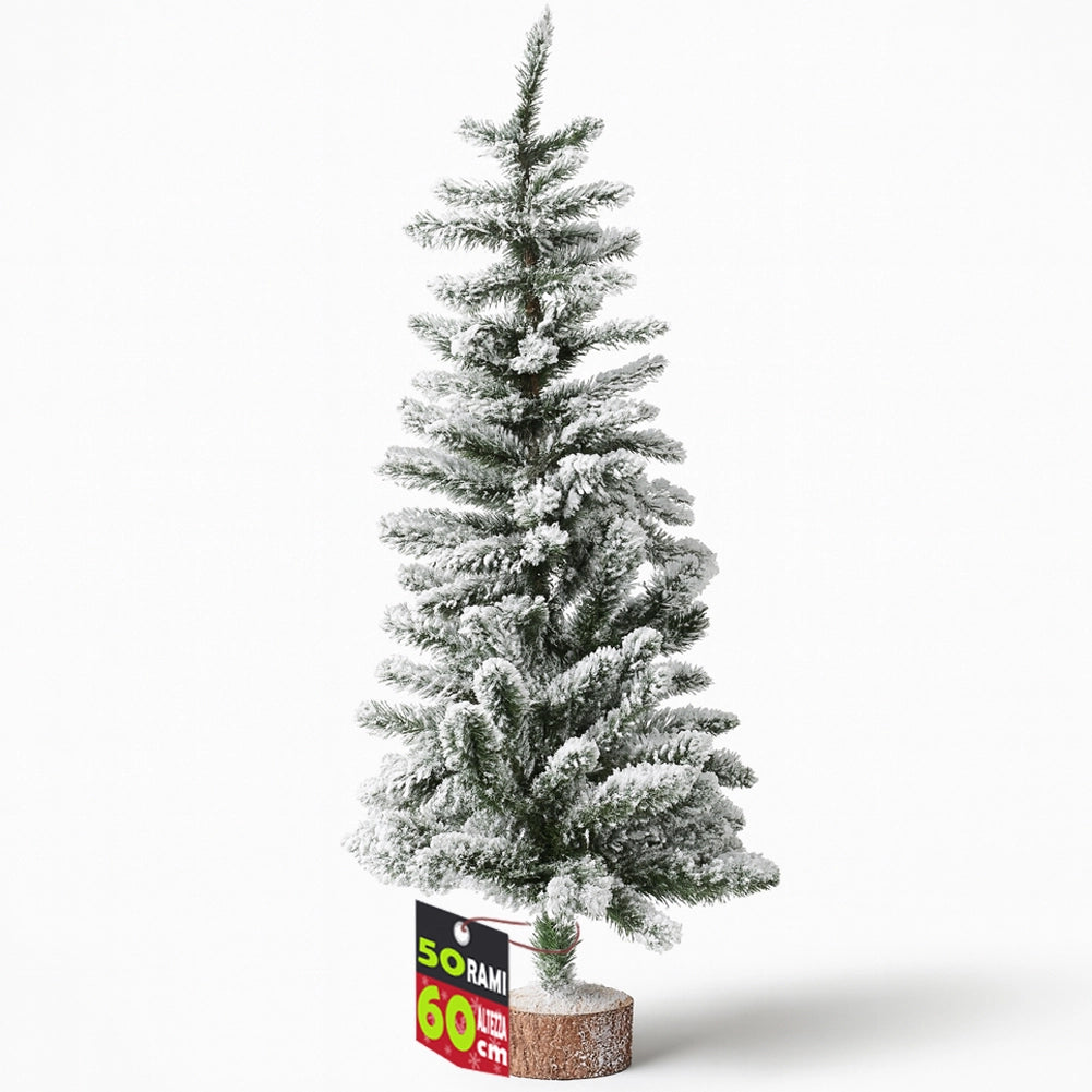Albero di Natale Innevato 60cm con 50 Rami e Neve Effetto Realistico Base Tronco