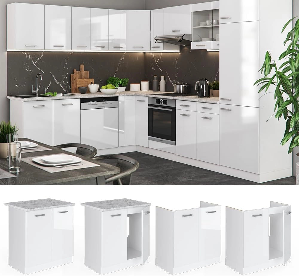 Mobile lavello cucina R-Line, Bianco lucido, 80 cm, PL Marmo, per la libera combinazione all'interno di sistemi cucina modulari