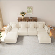 Divano angolare modulare a U e L con luci LED tavolino ribaltabile e tessuto chenille beige 292 × 135 × 82 cm