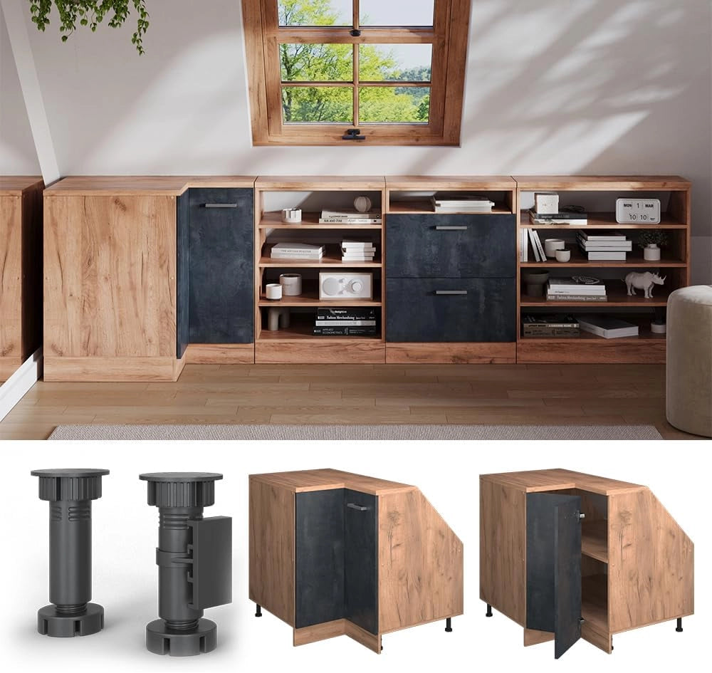 Mobile sottotetto Mobile angolare Rion, Calcestruzzo nero, 75.6 x 81.6 cm con 1 porta, carcassa dell’armadio profondità 60 cm, adatto per il salvaspazio sotto tetti spioventi