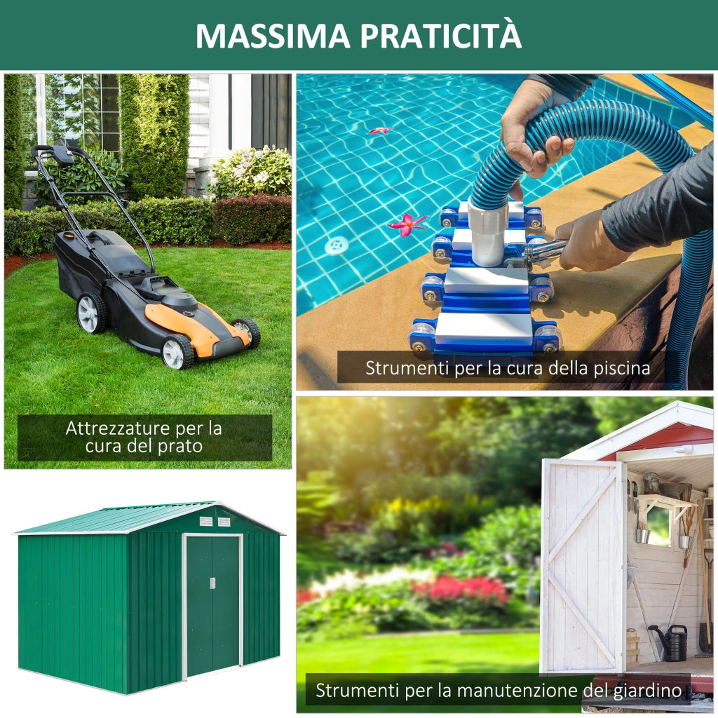 Easycomfort Casetta da Giardino 4.9 m² con Fondazione, 4 Prese d'Aria e 2 Porte Scorrevoli, Capanno Porta Attrezzi in Lamiera d'Acciaio, 277x195x192 cm, Verde Scuro
