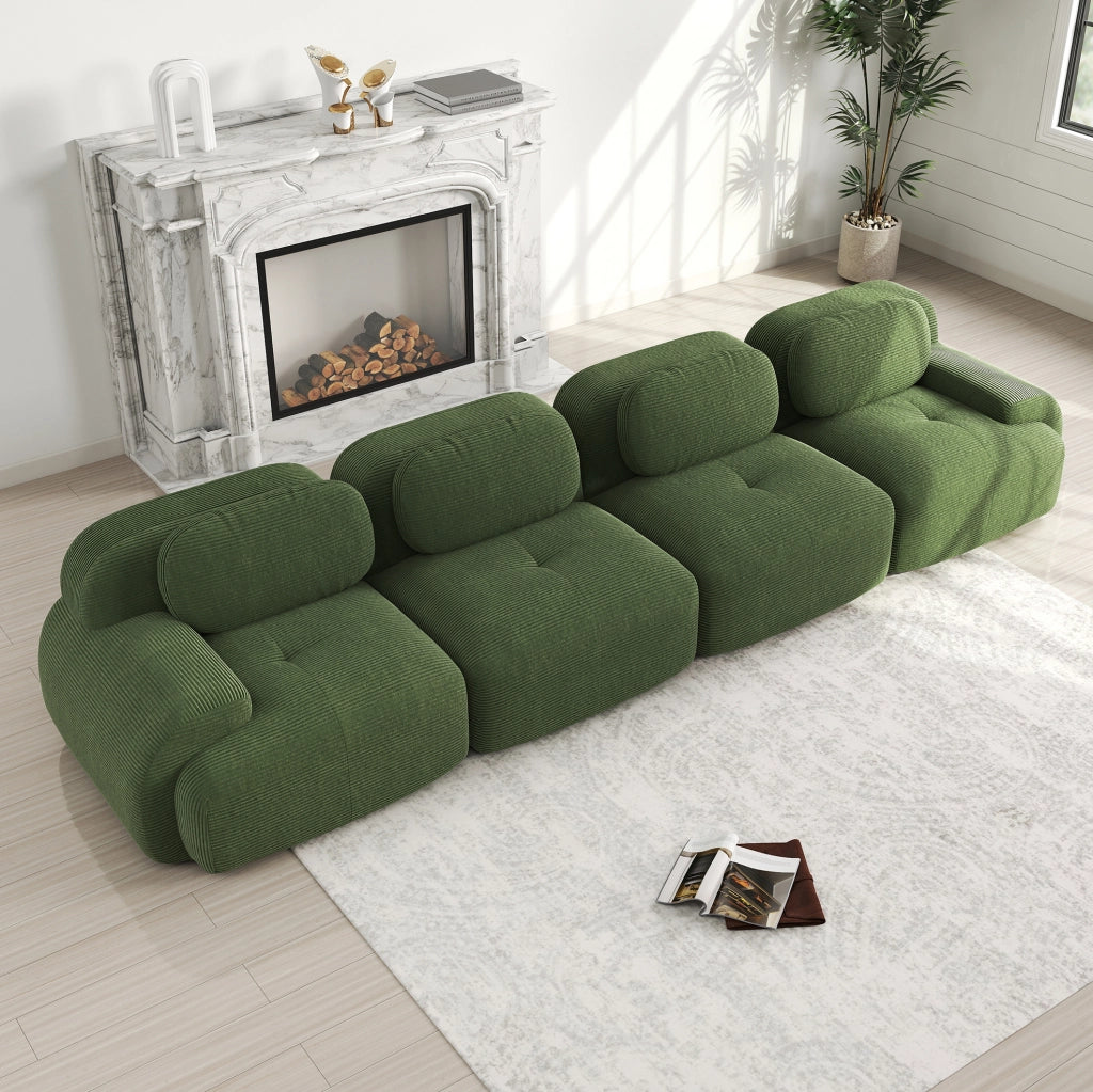 Divano angolare modulare 4 posti 388x103x70 cm in tessuto velluto a coste verde