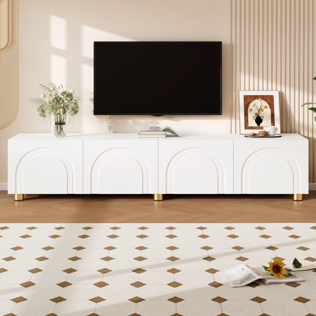 Mobile TV 180x35x40 cm con 4 ante e rilievo ad arco; MDF e pannello truciolare bianco