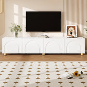 Mobile TV 180x35x40 cm con 4 ante e rilievo ad arco; MDF e pannello truciolare bianco