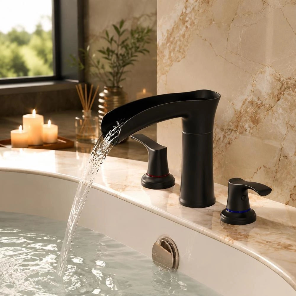 Roman Bathtub Faucet With 3 Holes & 2 Handles, Zinc Alloy Bathtub Tap With Short Spout For Deck Mounting, For Washing Pets, Bathing Adults, Black