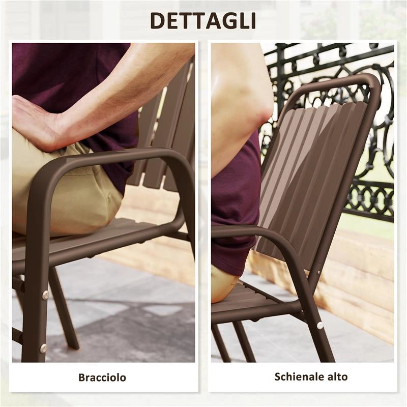 SET 4 SEDIE PER ESTERNO IMPILABILI CON SCHIENALE ALTO E BRACCIOLI IN ACCIAIO E PP 56X66X91 CM MARRONE SCURO