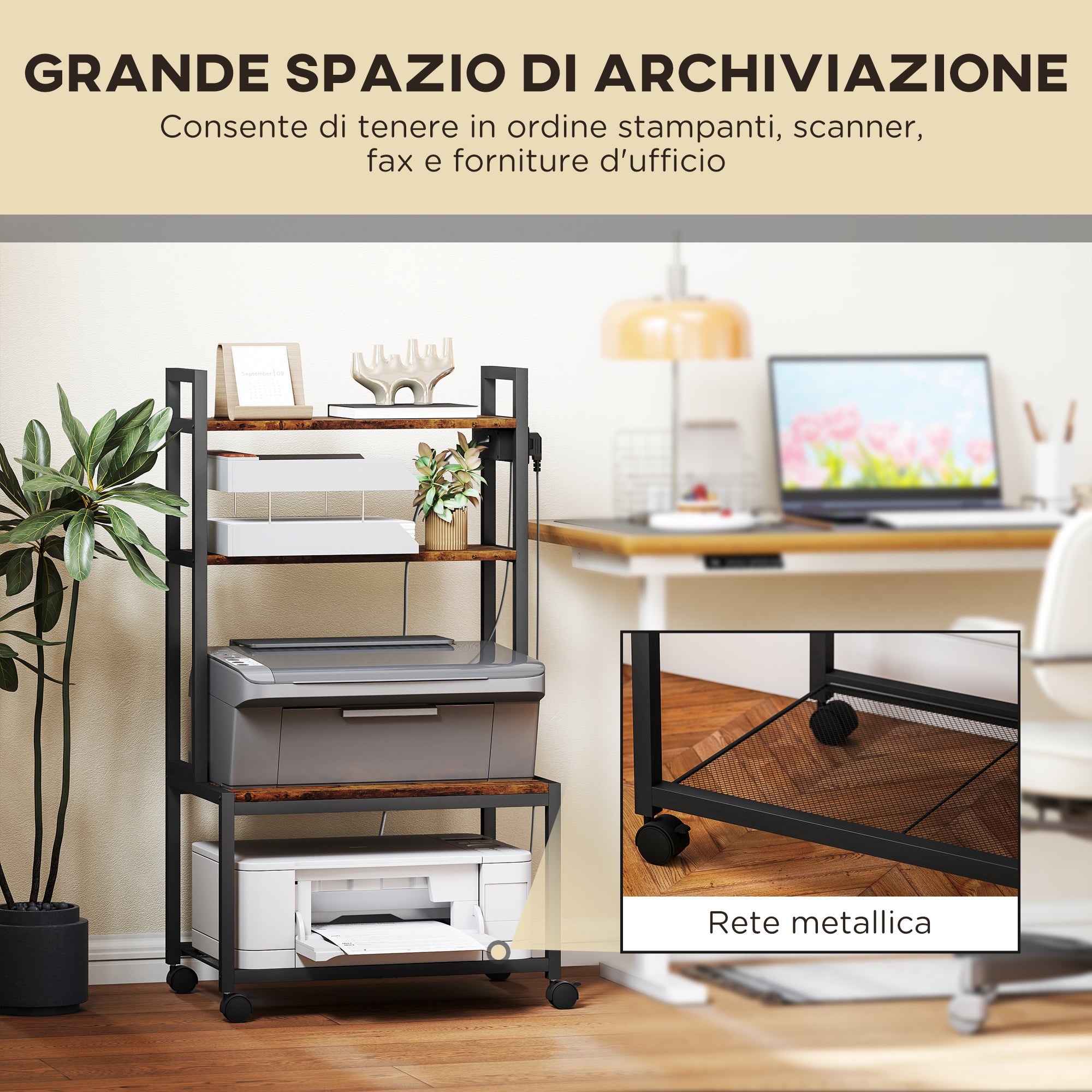 Carrello Porta Stampante a 4 Livelli 55x37.5x100 cm con Prese di Corrente Telaio in Metallo Marrone