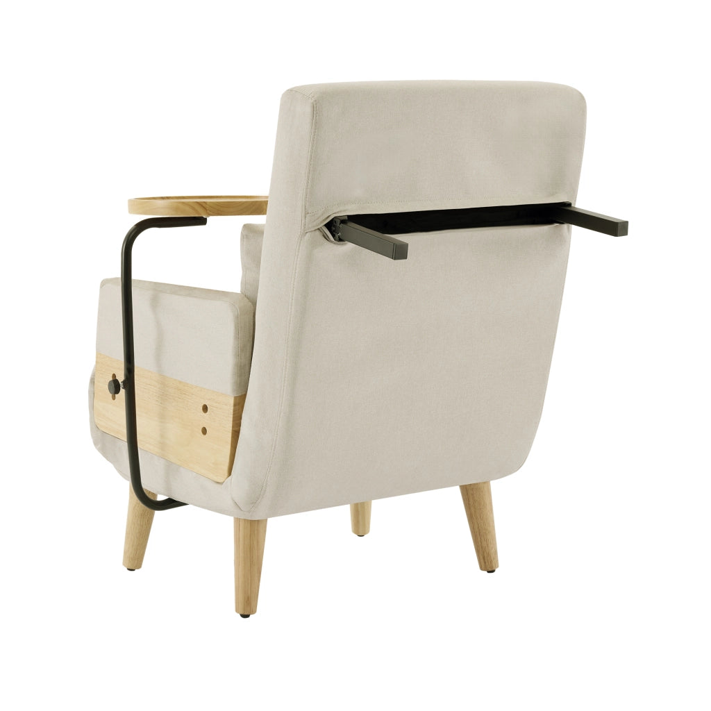 Poltrona reclinabile 3 in 1 in lino beige con tavolino in legno, cuscino e schienale regolabile