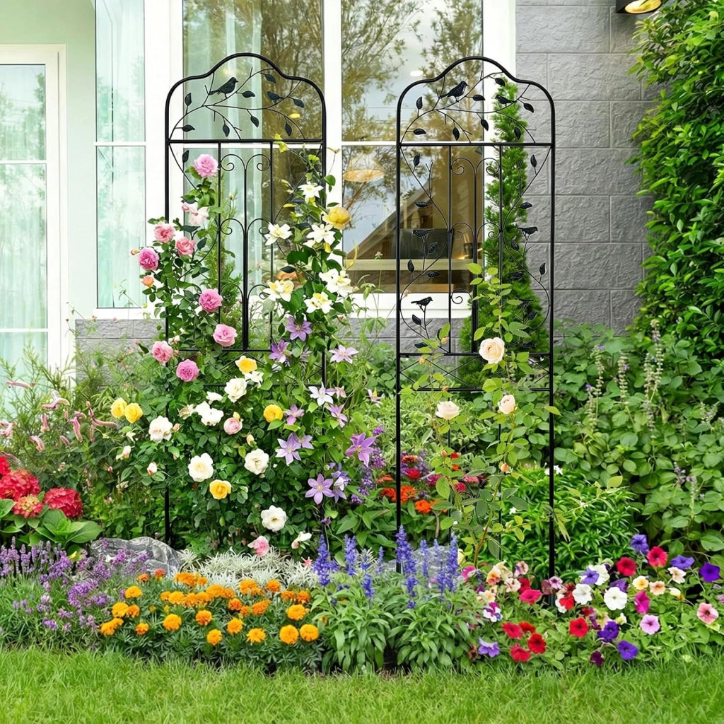 Traliccio per Rampicanti Metallo con Ripiano Pieghevole, Graticcio per Piante da Esterno, Griglia per Piante Rampicanti per Giardino, Cortile e Patio, 50 x 30 x 189,5 cm (Nero,2)