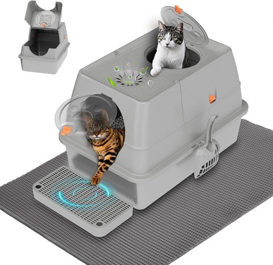 Cattile RVS con coperchio, cassetto XXL chiuso con doppia ciotola e rastrello, versione a due porte, facile da pulire, antipolvere, grigio