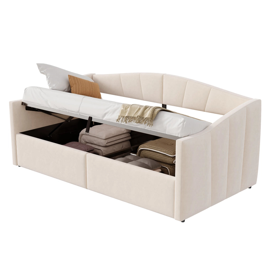 Letto imbottito multifunzionale 90x200 cm con contenitore idraulico; velluto beige