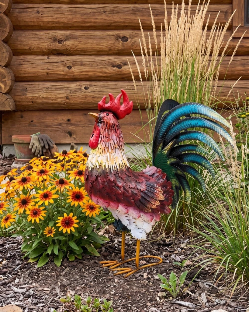 Statua da giardino in ferro multicolore, scultura di animale in piedi a grandezza naturale realizzata a mano