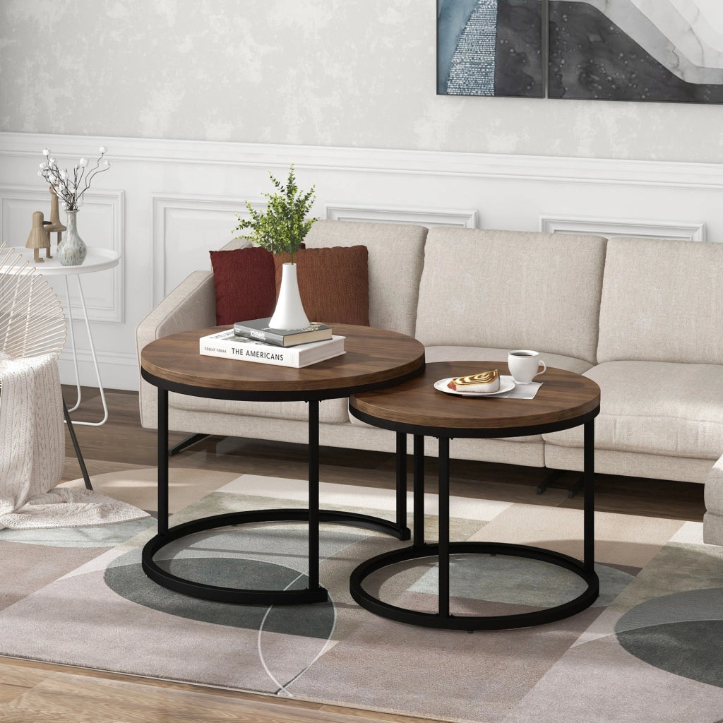 Set di tavolini rotondi impilabili in MDF effetto legno