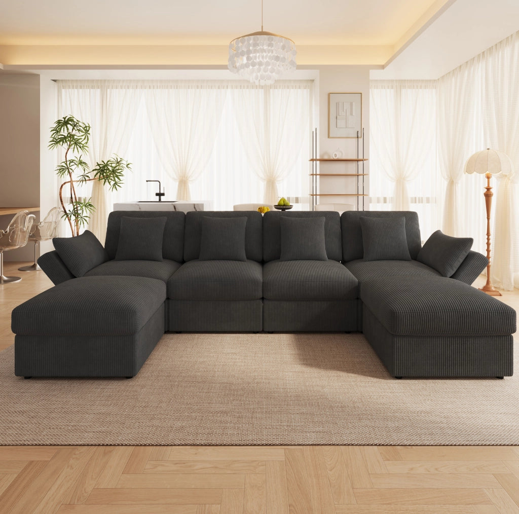 Divano modulare grigio in velluto a coste con 2 pouf