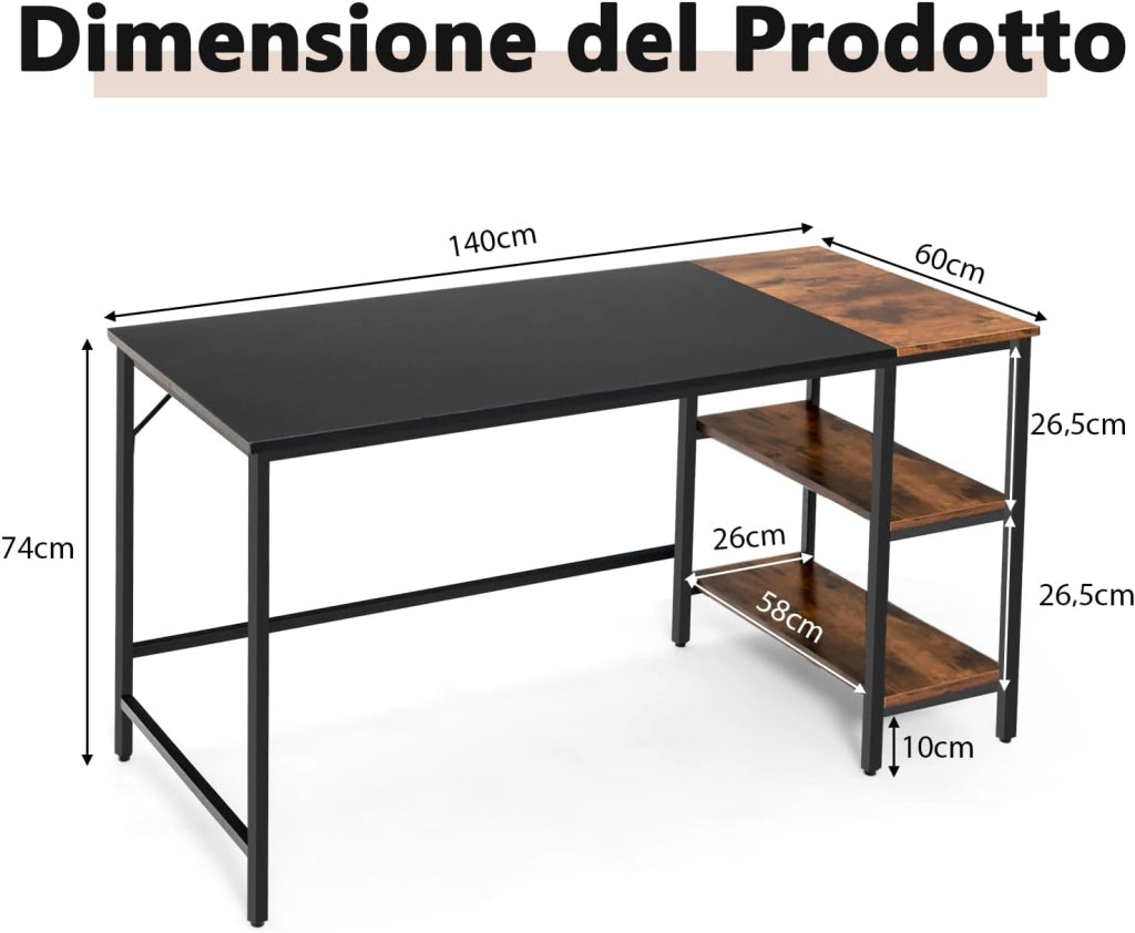 Scrivania per Computer da 140 cm, Scrivania per PC Portatile con Ripiani, Telaio in Acciaio e Ampio Piano, Scrivania Industriale per Ufficio e Studio, 140 x 60 x 74 cm (Nero)