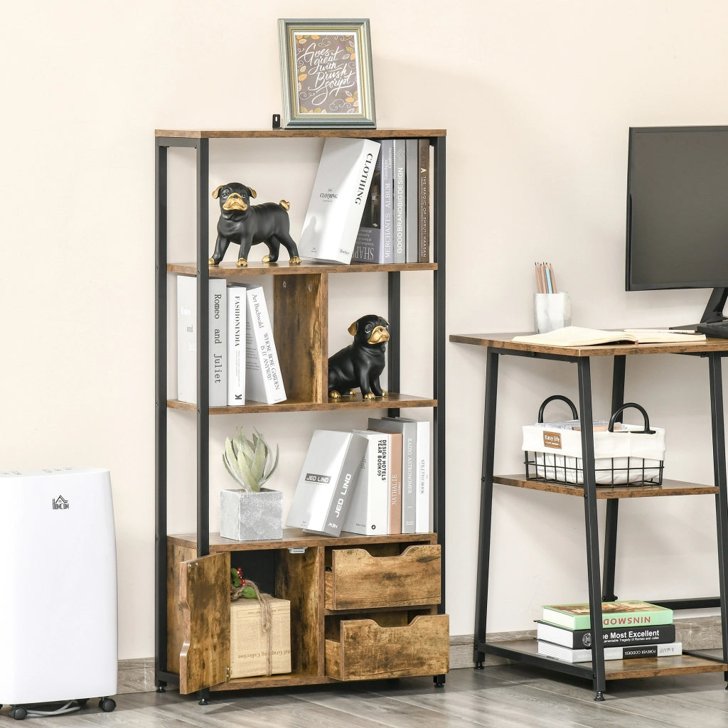 Libreria a Muro con Armadio e 2 Cassetti ¨C Zephmum ¨C Marrone Rovine 58x24x122 cm