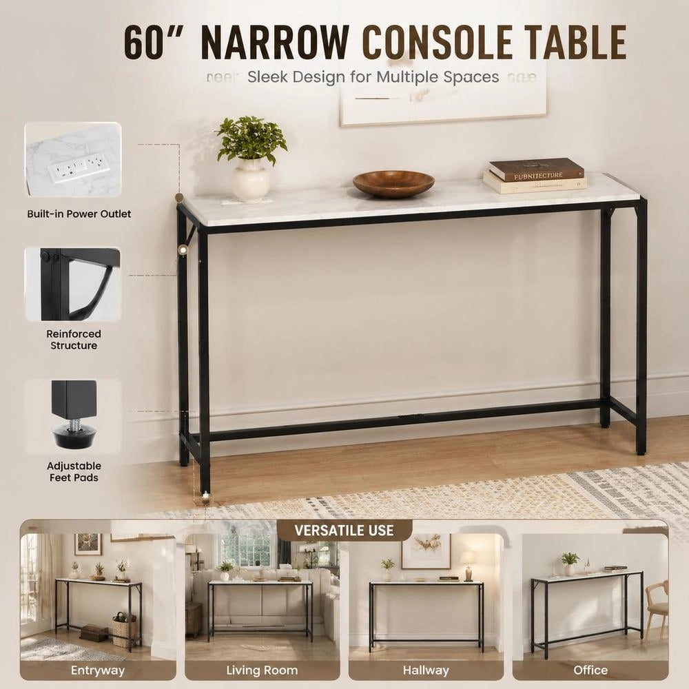 Marble Console Table, Modern Long Hallway Table (110 Cm) With Power Outlet, Thin Sofa Side Table With Iron Pipes, Anti-tip Device & Triangular Support For Living Room, Hallway, Entrance Area