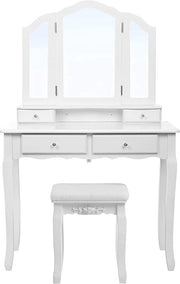 Tavolo per truccarsi, 3 Specchi con Sedia e 4 Scomparti Inclusi 2 Divisori, Blocco Rotazione, Bianco
