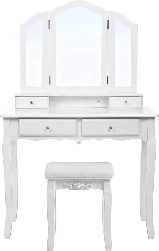 Tavolo per truccarsi, 3 Specchi con Sedia e 4 Scomparti Inclusi 2 Divisori, Blocco Rotazione, Bianco