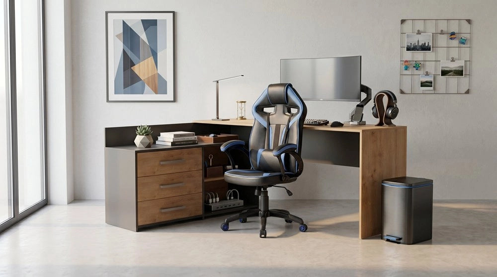 Set scrivania DANY angolare antracite e rovere artisan + poltrona DRIFT blu