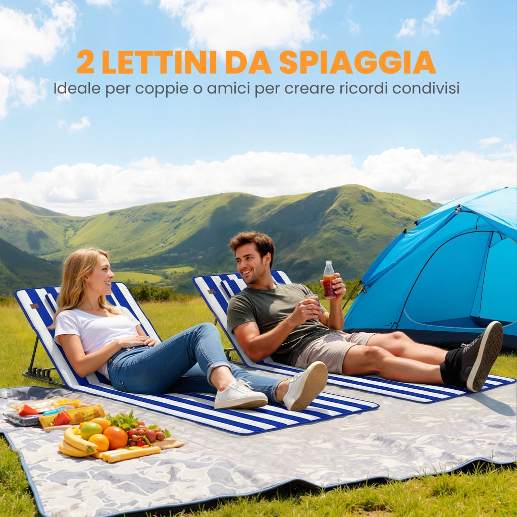 Set 2 Sedie da Mare con Schienale Regolabile ¨C zephmum ¨C Blu e Bianco, Acciaio e Poliestere, 154x57x52 cm