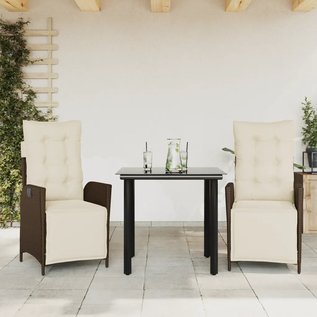Set da Pranzo da Giardino 3pz | Set Salotto da Giardino con Cuscini in Polyrattan Marrone