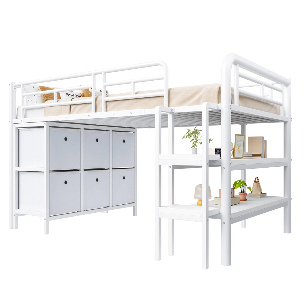 LETTO A SOPPALCO 90x200 cm in metallo bianco con scala e contenitore