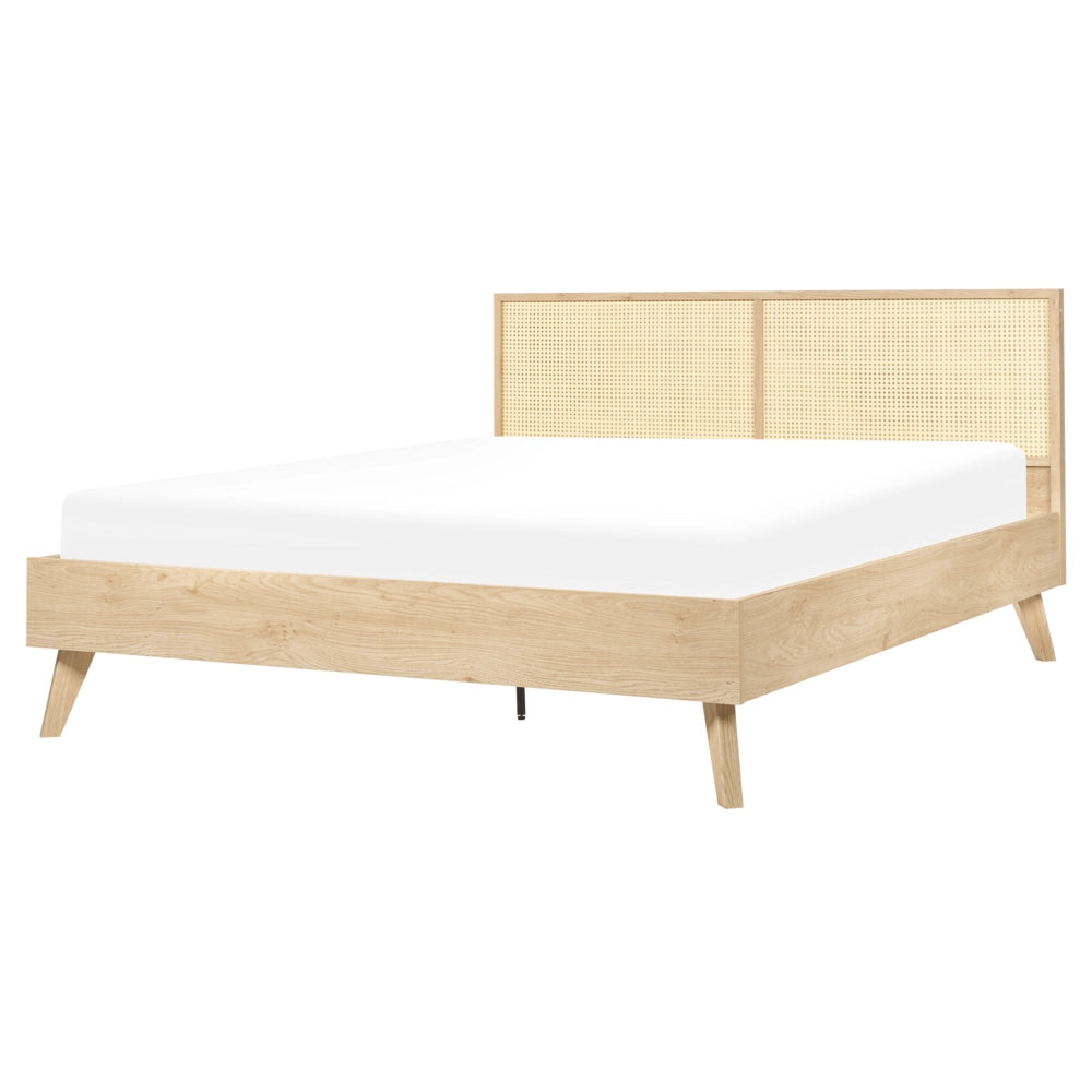 Letto matrimoniale  in legno di pioppo con testiera in vimini 160 x 200 cm camera da letto moderna boho minimalista