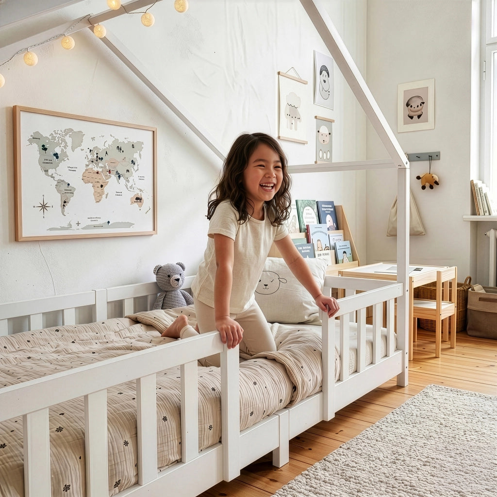 Letto per Cameretta Treviolo a Forma di Casetta in Stile Montessori 90x200 cm Bianco [en.casa]