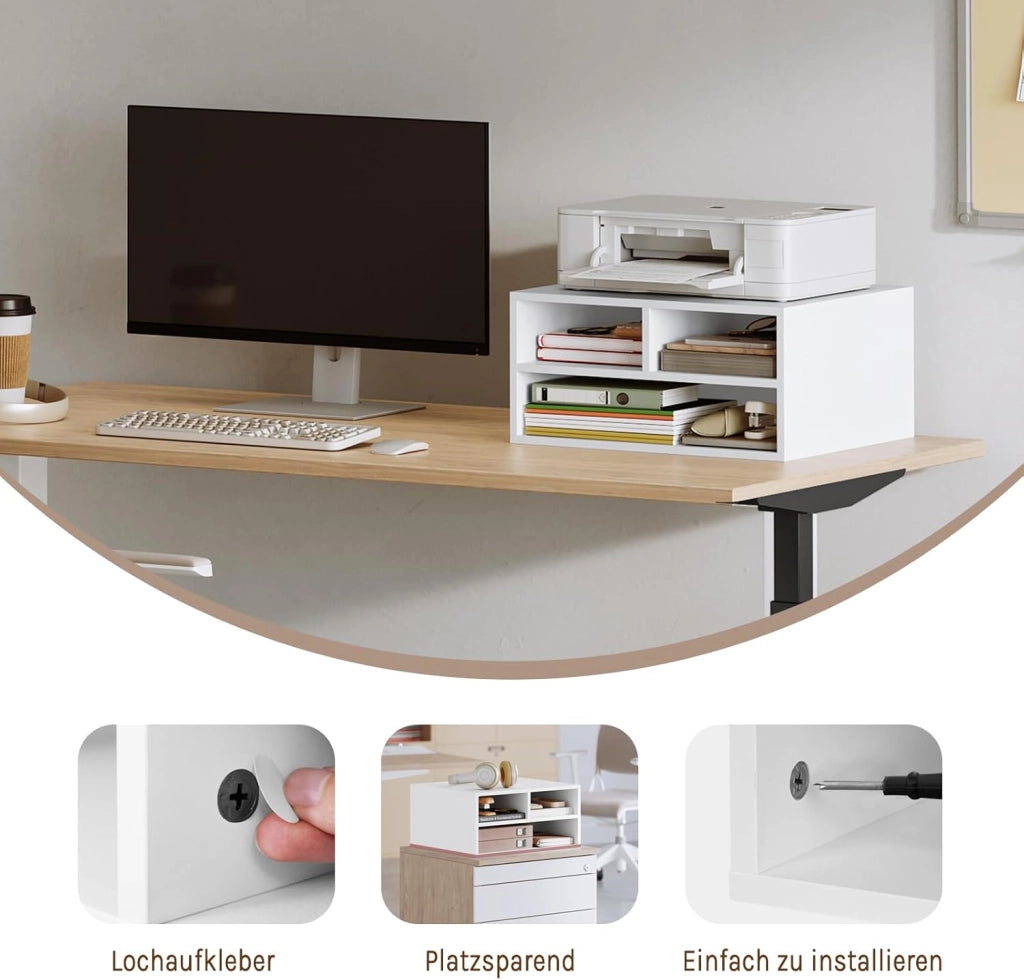 Schedario da Ufficio a 2 Livelli con Custodia, Porta Stampante da Scrivania in Legno con 3 Scomparti per l'Ufficio, 47x40x22,5cm, Bianco, ASK15ws