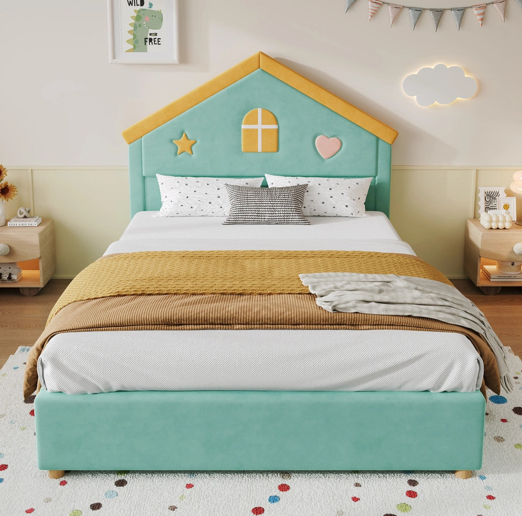Letto imbottito per bambini a casetta 140x200 cm con 4 cassetti; velluto francese blu-verde