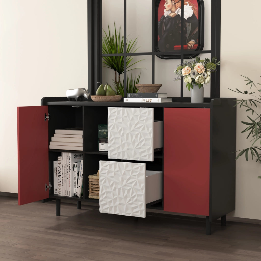 OKWISH Madia Contenitore con 2 Cassetti, 2 Vani Aperti e 1 Armadietto, per Cucina o Sala da Pranzo, 120×40×80 cm