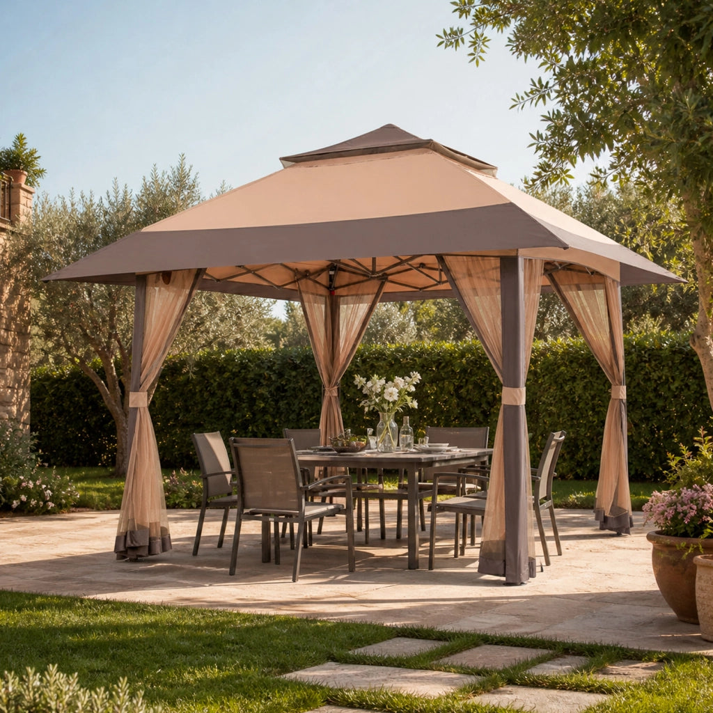 Gazebo Outdoor 4 X 4 Metri Con Zanzariere Tetto Esteso E Altezza Regolabile Da 2.7 X 2.9 M Apertura Rapida E Borsa Di Trasporto Inclusa Per Eventi Piscina Campeggio Feste Kaki