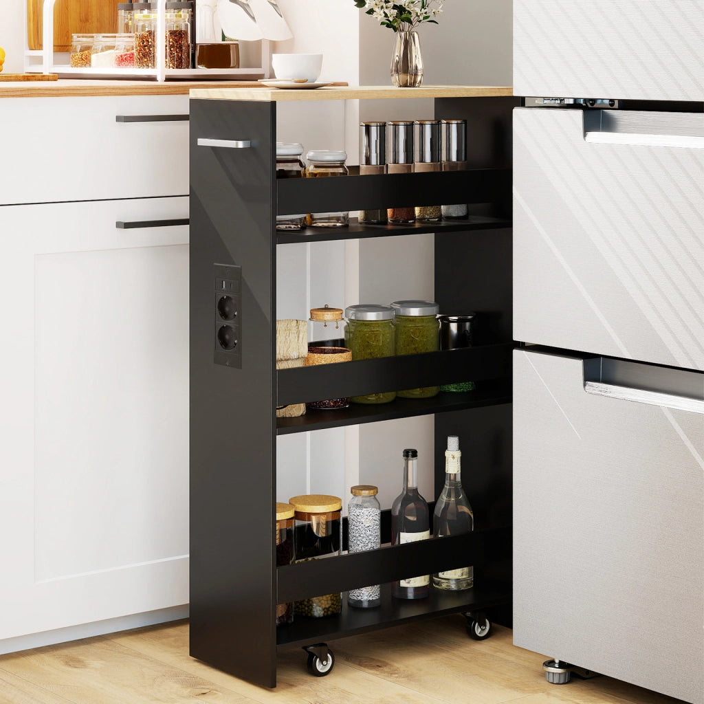 Carrello da cucina 4 ripiani con stazione di ricarica maniglia e parapetti-Scaffale stretto a sfilo con ruote bloccabili per cucina  Nero  20cm