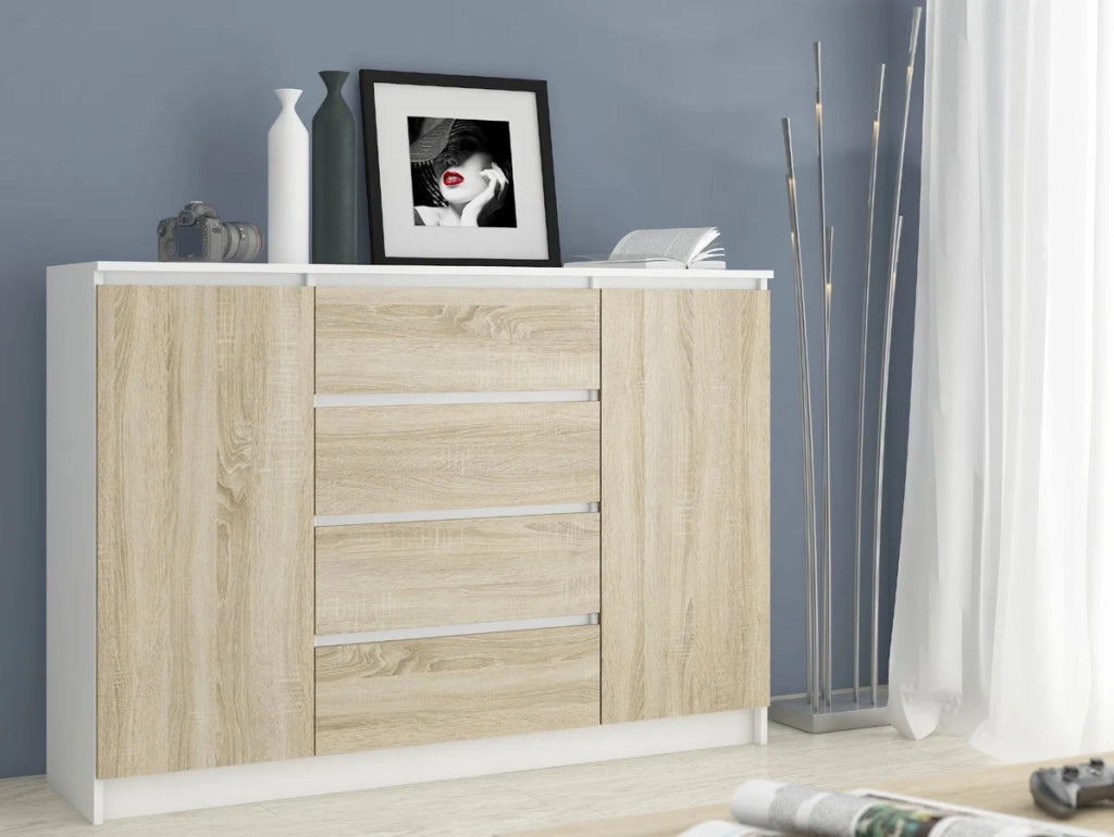 Cassettiera AKORD K140 Bianca 138 cm 2 ante 4 cassetti inserto frontale Sonoma Quercia 138x40x99 cm