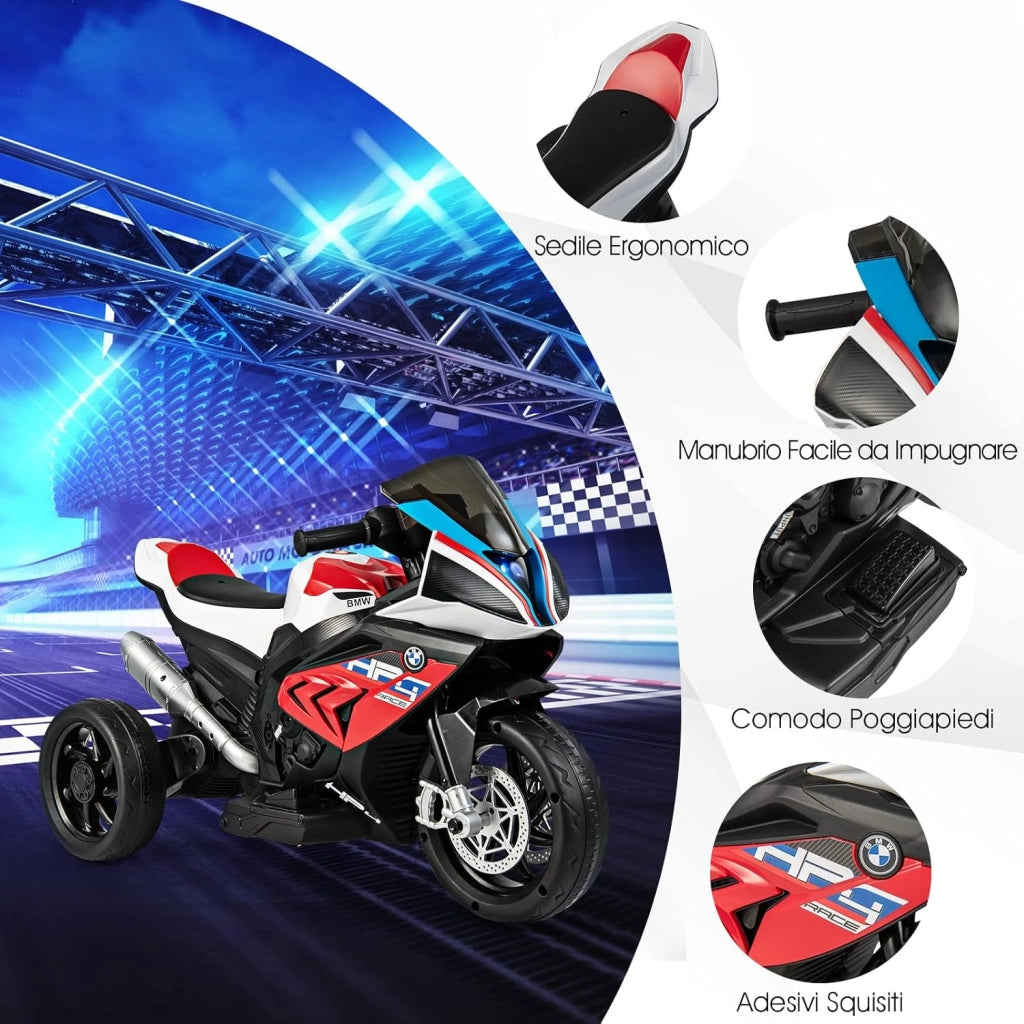 6V BMW Moto Cavalcabile per Bambini, Motocicletta a 3 Ruote con Musica Fari, 3km/h, Moto Elettrica Regalo per Bambini 37 a 96 Mesi (Rosso)