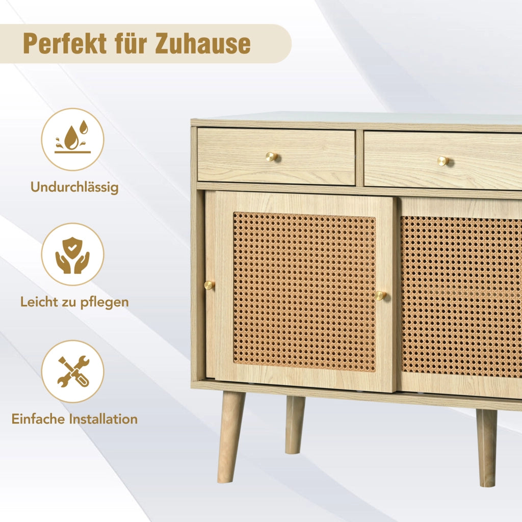OKWISH Credenza con 3 Cassetti e 3 Ante Scorrevoli, Ripiani Regolabili, Stile Retrò, MDF e Metallo, Rovere, 120 x 40 x 78 cm