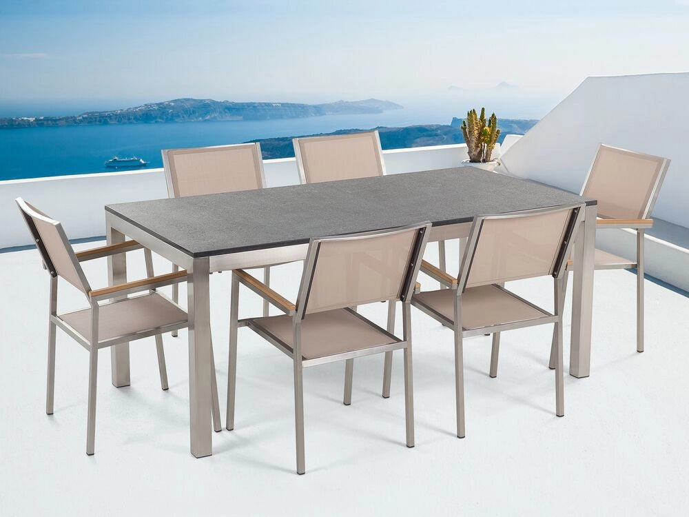 Set da pranzo da giardino beige con piano in granito fiammato 6 posti 180 x 90 cm