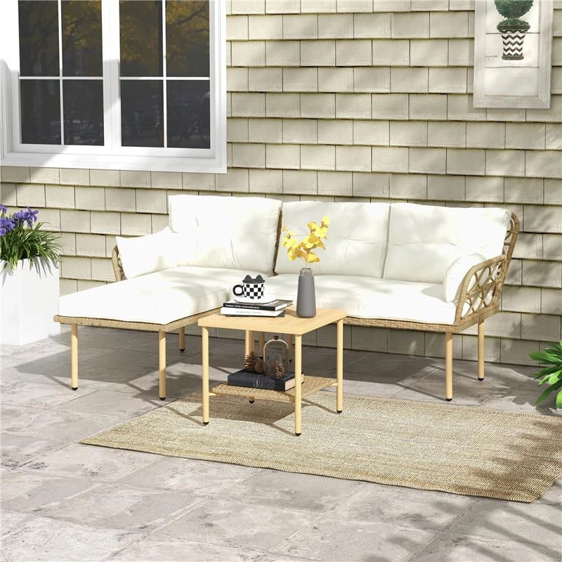 SET DA GIARDINO 3PZ CON CHAISE LONGUE, DIVANETTO, CUSCINI E TAVOLINO, IN RATTAN E ACCIAIO, BIANCO CREMA E LEGNO