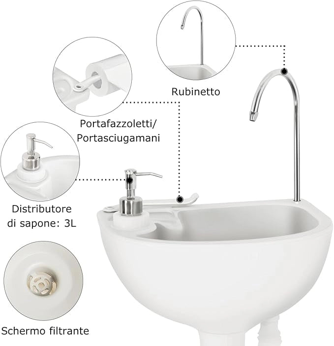 Lavandino da Campeggio con Pompa a Pedale, Lavandino Portatile con Serbatoio d'Acqua da 17L, Dispenser Sapone, Portasciugamani e Ruote (50 x 34 x 102cm)