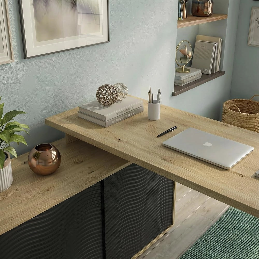 Scrivania angolare Notivo, Nero, 135 x 55 cm con schedario, adatto per ufficio domestico e studio