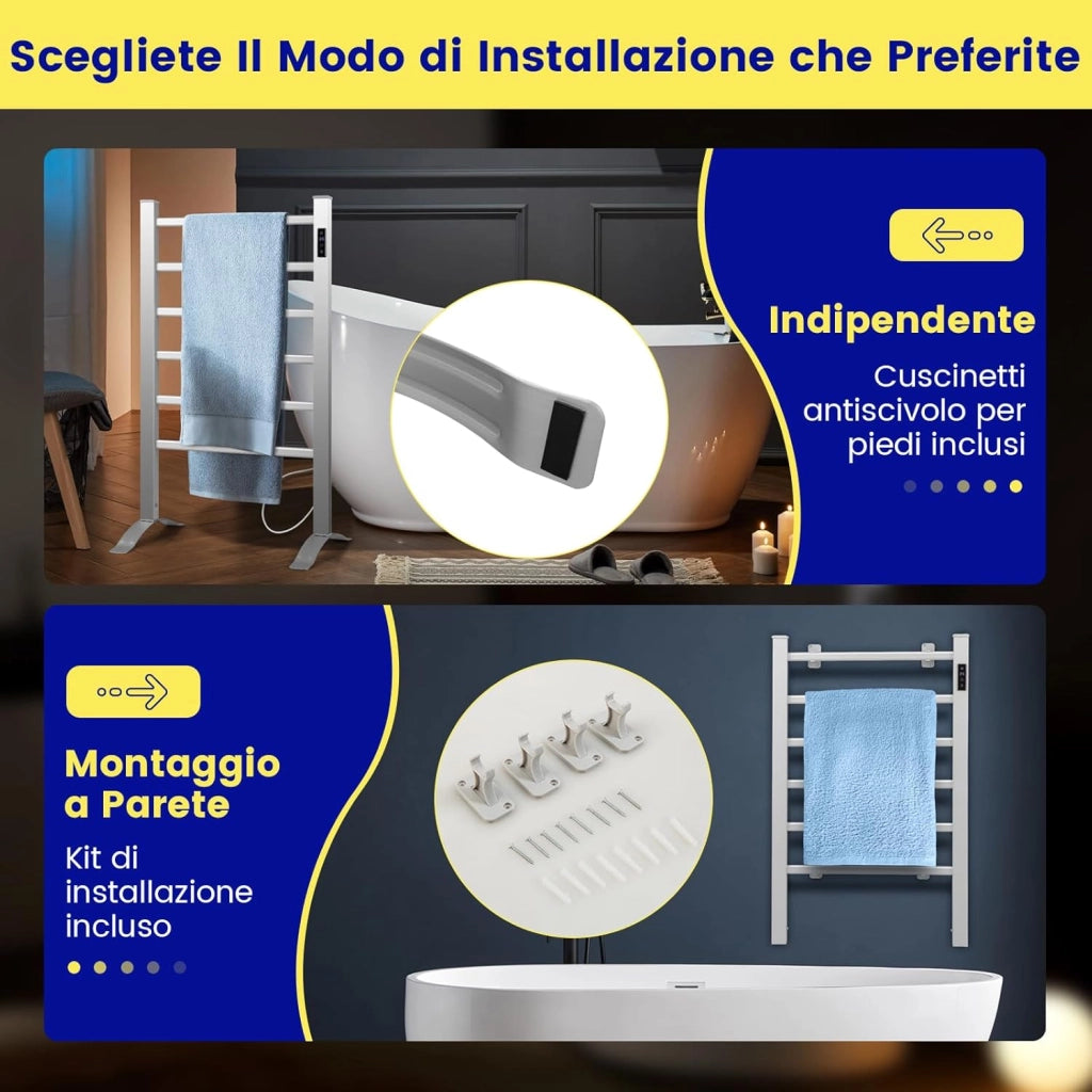COSTWAY Scaldasalviette Riscaldato, con 6 Barre Riscaldate e Timer, Scaldasalviette Elettrico con Display LED Protezione Contro Surriscaldamento e Costante della Temperatura, in Alluminio