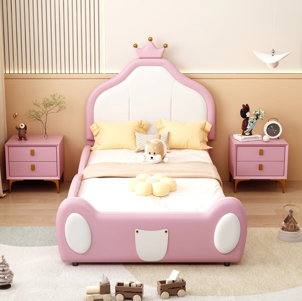 Letto singolo imbottito ULEVR 90x200 cm con testiera a corona, similpelle rosa e bianca
