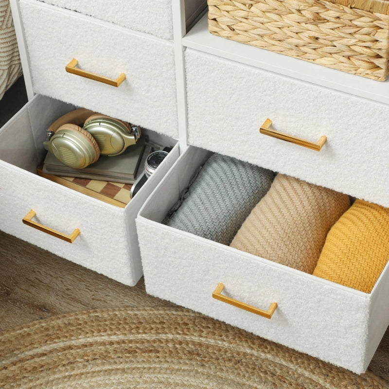 Comò con 8 cassetti e stazione di ricarica in tessuto bouclé, per ingresso e soggiorno, crema bianco 110 × 30 × 76 cm