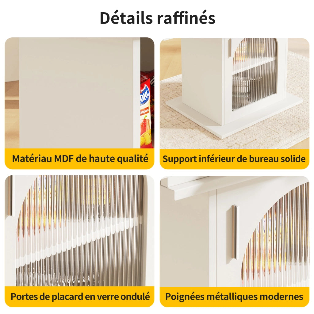 Tavolo da pranzo allungabile per 6-8 persone con 3 ripiani e ante in vetro, in MDF e vetro, bianco, 110 × 80 × 76 cm